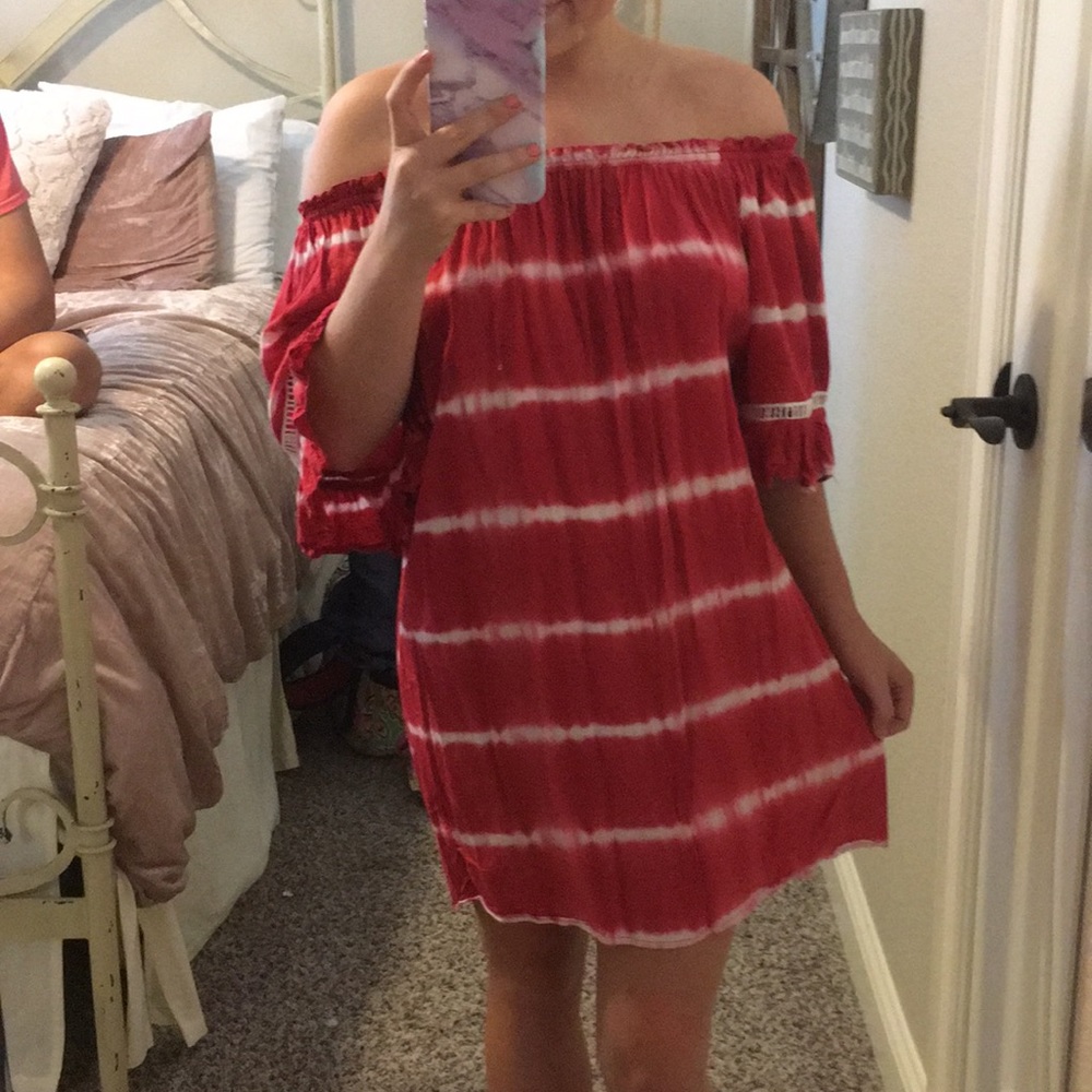 Off the shoulder Red and white striped flowy dress